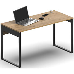 Pegane Bureau avec ports USB en aggloméré finition chêne doré et pieds en métal noir - Longueur 135 x Profondeur 60 x Hauteur 76 cm