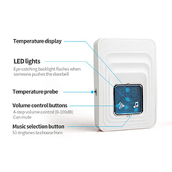 Universal Récepteur de sonnette sans fil étanche autogénérant Prise de bouton de batterie Affichage de la température de la sonnette d'accueil | Sonnette d'accueil (blanc) pas cher