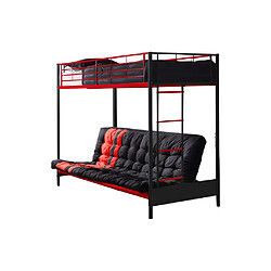 Vente-Unique Lit mezzanine 90 x 190 cm - Avec banquette convertible - Métal - Noir et rouge + Futon - MODULO V