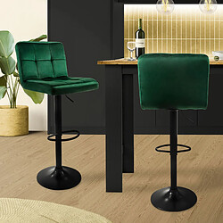 Tabouret de bar, lot de 2, vert, recouvert de velours, avec dossier et repose-pieds réglable en hauteur 63-83cm ML-Design