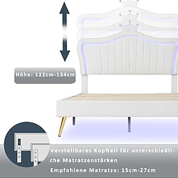 KOMHTOM Lit Double Capitonné 140 X 200 cm - Cadre De Lit Couronne Blanche - En Cuir Pu Avec LED - Sommier À Lattes et Dossier - Sans Matelas pas cher