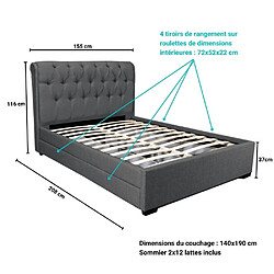 Acheter Le Quai Des Affaires Lit CHELSEA 140x190+ 4 tiroirs + sommier / Gris foncé