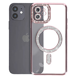 Avizar Coque Diamant pour iPhone 12 Protection MagSafe Contour Strass Rose Champagne