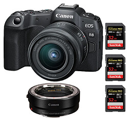 Canon EOS R8 Boîtier + objectif RF 24-50 mm f/4.5-6.3 IS STM + EF-EOS R + SanDisk 32 Go 3 pièces