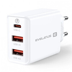 Riffi Evelatus ETC06 Premium 32W Adaptatif 3 Ports 5V-12V 2x USB / USB-C Chargeur de Voyage Blanc