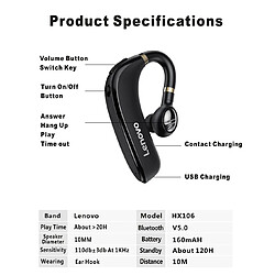 Universal Écouteurs sans fil Lenovo HX106 Écouteurs mono-auriculaires Bluetooth 5.0 Capacité avec microphone | Écouteurs Bluetooth pas cher