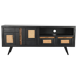 Pegane Meuble TV en bois de manguier noir et rotin coloris naturel - Longueur 145.5 x Hauteur 60 x Profondeur 40.5 cm