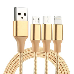 Wewoo Câble or pour iPhone / iPad / Galaxy / Huawei / Xiaomi / LG / HTC / Meizu et autres smartphone 2A 1.2m 3 en 1 USB à Lightning USB-C / Type-C Micro USB de chargement en Nylon Weave,