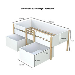 Acheter Le Quai Des Affaires Lit mi-hauteur ZEPHIR 90x190 + 2 grands tiroirs + sommier / Blanc & vernis naturel