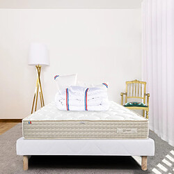 LUXURY LITERIE Ensemble Matelas Sublime, 20 cm, mousses haute densité, ferme, face été/hiver + sommier blanc ep 13cm + oreiller + couette, 140x200cm