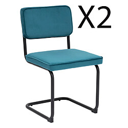 Pegane Lot de 2 chaises en velours coloris Bleu Canard et pieds coloris chromé noir