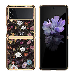 Coque de téléphone à motif floral rétro en verre galvanisé pour téléphone Samsung Galaxy Z Flip 3 - Or et Noir