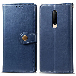 Wewoo Housse Coque Pour OnePlus 7 Pro Retro Boucle en cuir de couleur unie Protection téléphone portable Etui avec cadre photo et fente carte & portefeuille et support Bleu