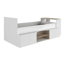 Acheter Vente-Unique Lit combiné 90 x 190/200 cm avec bureau et rangements - Blanc et naturel + Sommier + Matelas - JOCHIANE