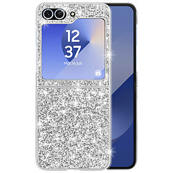 Avizar Coque Paillette pour Samsung Z Flip 6 Dos Rigide Contour Souple Argent