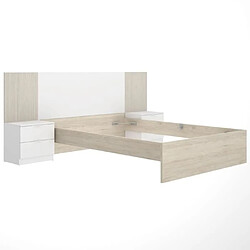 Cstore Ensemble structure de lit + tete de lit et 2 tables de nuit avec 2 tiroirs - LOMA - 140 x 190 cm - Chene naturel / Blanc