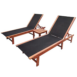 Helloshop26 Lot de 2 transats chaise longue bain de soleil lit de jardin terrasse meuble d'extérieur et table bois d'acacia solide et textilène 02_0012144