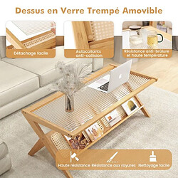 Helloshop26 Table basse en bambou table d'appoint avec plateau en verre trempé porte-revues en rotin tressé à la main table basse de design en forme de z naturel 20_0004959