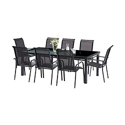 Wilsa Garden Ensemble BLACKEDITION 8p en aluminium, plateau en verre trempé opaque avec 8 fauteuils en textilène Salon de jardin en aluminium et verre trempé Black Edition Table et 8 fauteuils