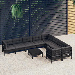 vidaXL Salon de jardin 10 pcs avec coussins Noir Bois de pin