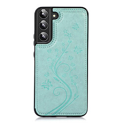 Coque en TPU + PU motif fleur, deux boutons magnétiques avec béquille et porte-cartes bleu ciel pour votre Samsung Galaxy S22 5G