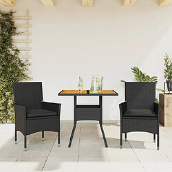 vidaXL Ensemble à manger de jardin et coussins 3 pcs noir rotin acacia