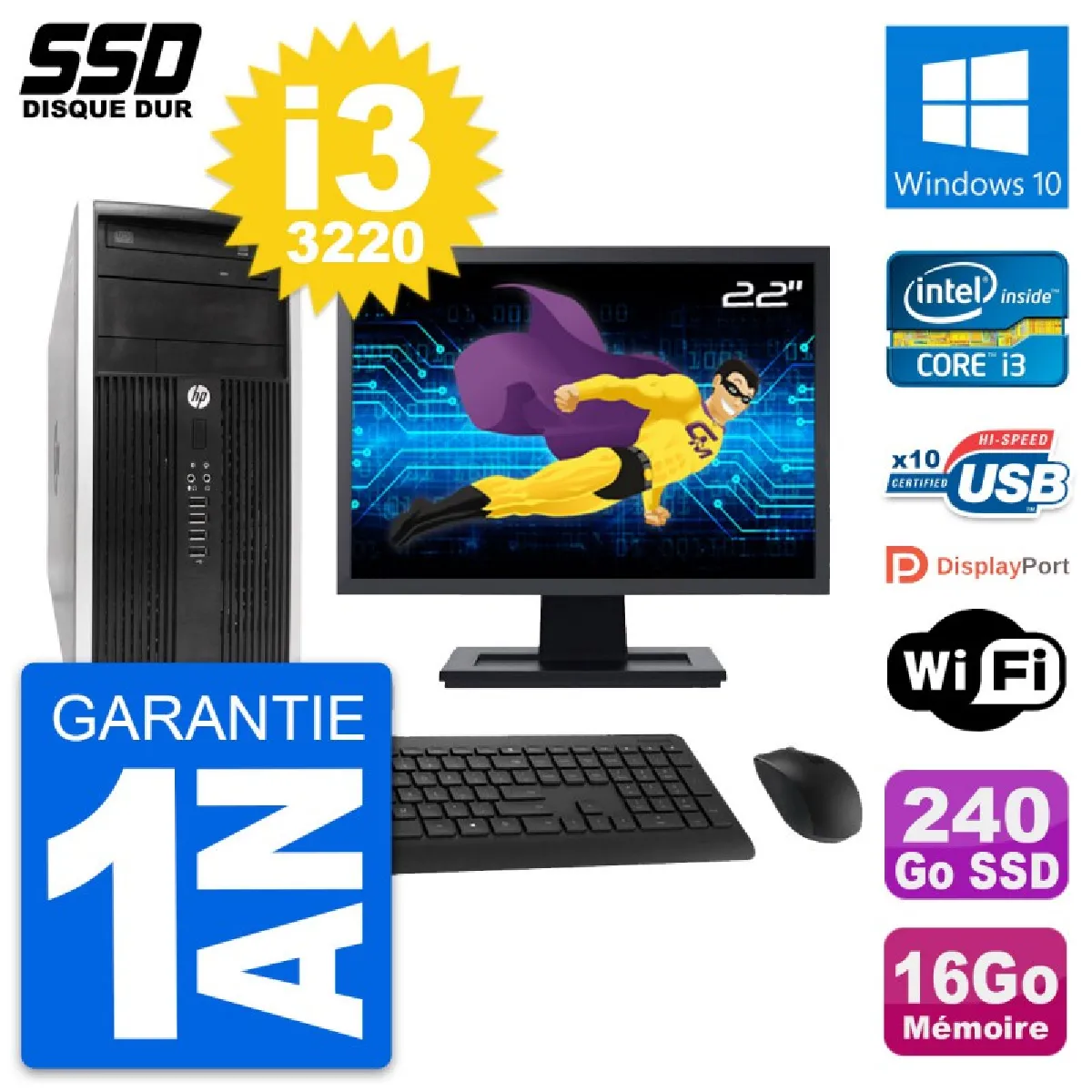 PC Tour HP 6300 CMT Ecran 22" Intel i3-3220 RAM 16Go SSD 240Go Windows 10 Wifi - Occasion