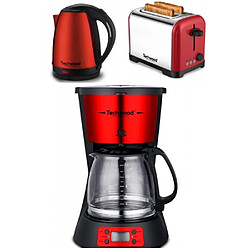 Techwood Cafetière Machine à café Programmable Inox Rouge 1.5L 1000W + Grille-pain Inox Rouge 2 Fentes 700W + Bouilloire électrique Inox Roug