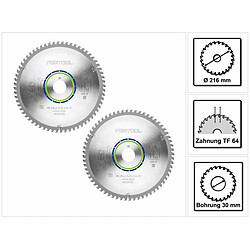 Festool ALUMINIUM/PLASTICS TF64 Lame de scie circulaire, HW 216 x 30 x 2,3 mm, TF64 216 mm, 64 dents, 2 pcs. (2x 500122)