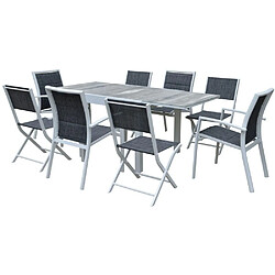 Wilsa Garden Ensemble MODULO 4/8p en aluminium blanc et verre décors bois avec 4 fauteuils en textilène et 4 chaises pliantes en aluminium et textilène