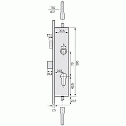 Serrure à 3 points - à tringles Entraxe 70 - à pêne dormant et demi-tour axe des tringles 22 mm Métalux 36