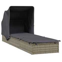 Helloshop26 Transat chaise longue bain de soleil avec toit pliable 213 x 63 x 97 cm résine tressée gris 02_0012208