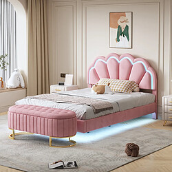 KOMHTOM Lit rembourré 140 x 200 cm, avec banquette escamotable, éclairage LED, lit plat double, rose, tissu velours