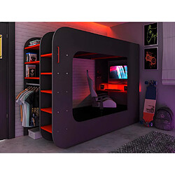 Vente-Unique Lit mezzanine gamer 90 x 200 cm - Avec bureau et rangements - Avec LEDs - Anthracite et rouge - WARRIOR