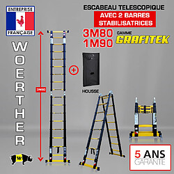 Escabeau-échelle télescopique Woerther 3m80/1m90 Double barre stabilisatrices - Plus housse - Qualité supérieure - Garantie 5 ans