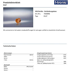 F-Tronic 7350096 Boîte de montage pour cloison creuse (Ø x p) 68 mm x 61 mm