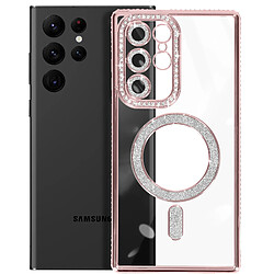 Avizar Coque Diamant pour Samsung Galaxy S22 Ultra MagSafe Contour Strass Rose Champagne