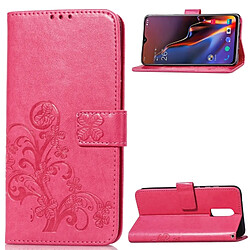 Wewoo Coque Étui en cuir à motif de fleurs pressées Lucky Clover pour OnePlus 6T, avec support et logements pour cartes, portefeuille dragonne (Magenta)