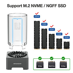 GRAUGEAR | Station d'accueil NVMe & NGFF | RTL9210B pour tous les SSD M.2 | USB 3.2 Gen 2 10 Gbit/s | Ventilateur de 50 mm | Dissipateur thermique | sans outil | 2 câbles USB-C & USB-A vers C | G-M2DK