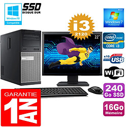 PC Tour DELL 7010 Core I3-2120 Ram 16Go Disque 240 Go SSD Wifi W7 Ecran 22" - Occasion