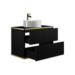 Vente-Unique Meuble de salle de bain suspendu strié liseré doré avec vasque à poser ronde - Noir - 80 cm - KELIZA pas cher