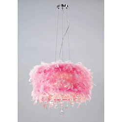 Luminaire Center Suspension Ibis avec Abat jour rose en plume 3 Ampoules chrome poli/cristal