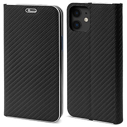 Moozy Étui Portefeuille pour iPhone 11, Carbone Noir - Protection des Bords Métalliques Fermeture Magnétique Flip Cover avec Porte-Cartes