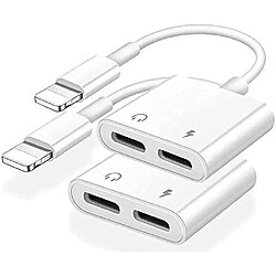 Lot de 2 adaptateurs iPhone Lightning vers 2 Lightning, double adaptateur Lightning AUX + chargeur répartiteur de câble compatible avec iPhone 12/11/SE/X/XR/XS/8/7/6 Support Call + Charging