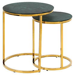 Toilinux Lot de 2 Tables d'appoint ronde en Marbre et Métal - Diam.45cm + Diam.35cm - Doré et Vert