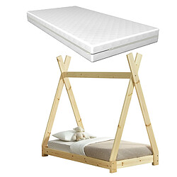 Lit Tipi pour Enfants avec Matelas Orthopédique Onejda Bois Naturel 70 x 140 cm [en.casa]