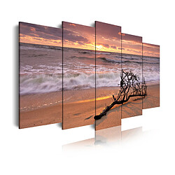 Dekoarte 144 - Tableau moderne sur toile monté sur cadre en bois 5 pièces, nature plage avec branche en bord de mer, 150x80cm