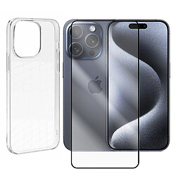 Coque de protection souple silicone transparente + Lot de 2 Verre trempé avec bords Noir pour iPhone 15 Pro 6.1" - VISIODIRECT -