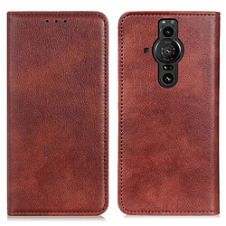 Etui en PU texture litchi, fermeture automatique magnétique avec support marron pour votre Sony Xperia Pro-I