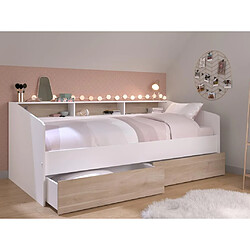 Vente-Unique Lit 90 x 190/200 cm avec rangements - Blanc et naturel + Sommier - PAULETTE